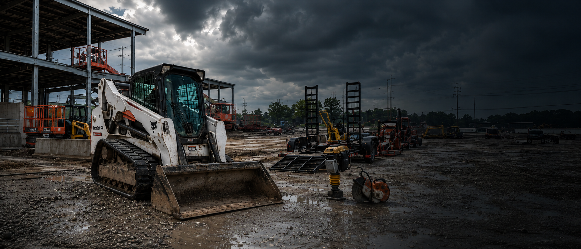Construction equipment yard with a skid steer under storm clouds